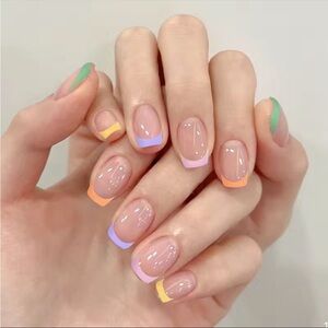 Acrylic Square Tip Pastel French Manicure Rainbow Nails Professional Short Color